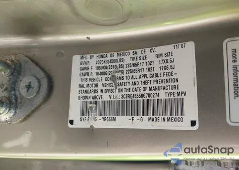 2008 Honda Cr-V Ex z USA, uszkodzony, nr VIN 3CZRE48558G700274
